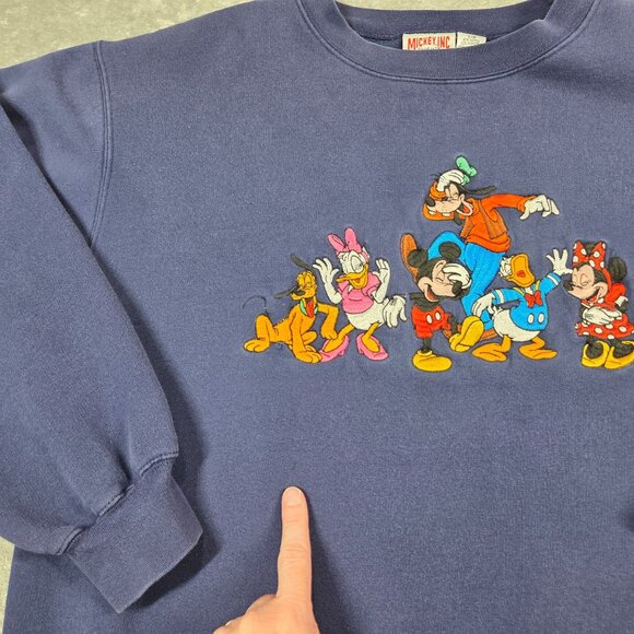 Vtg Disney Sweatshirt Mens M Blue Embroidered Goofy Mickey Minnie Pluto 90s - Picture 5 of 8